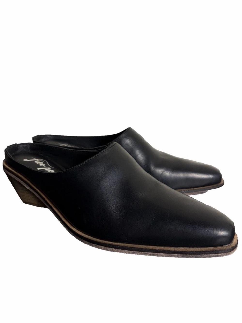 Free People Tallulah Black Leather Western Wedge Mules Slip On Wood Heel 40/9.5